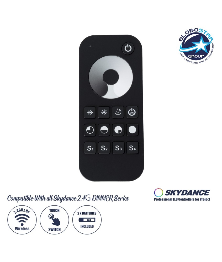 GloboStar® 71569 RT1 SKYDANCE Ασύρματο Χειριστήριο Αφής RF 2.4Ghz 1 Group για όλα τα Μονόχρωμα SKYDANCE Controller DC 3V 2 x AAA - IP20 Μαύρο Μ12.2 x Π5.3 x Υ1.7cm - 5 Years Warranty